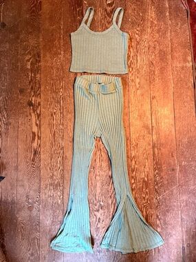 Ribbed Two-Piece Tank Top & Flared Pants Set in Sage Green